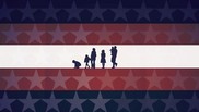 stars and stripes background of red white and blue with a family of 6 walking in the center