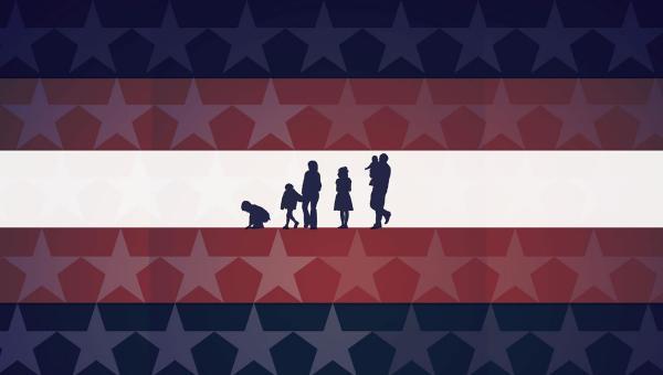 Silhouette of a family in a white line inside a stars and stripes-style flag