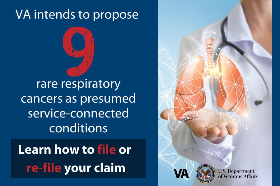 Image: Doctor with image of lung floating above hand, Text: VA intends to propose 9 rare respiratory cancers as presumed service-connected conditions