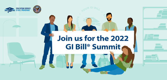 Group of people holding a banner that says Join us for the 2022 GI Bill Summit