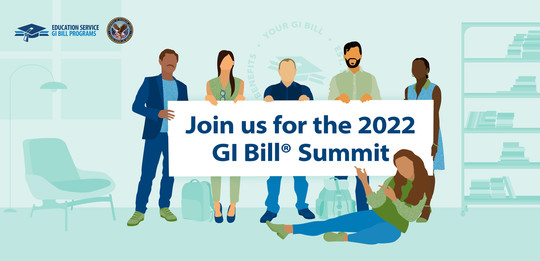Drawing of a group of students holding a banner that reads Join us for the 2022 GI Bill Summit