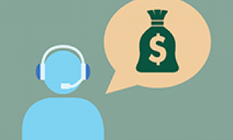 Graphical image of a call center representative and a conversation bubble containing a money bag
