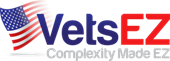 Vets E Z red, white and blue word logo with the United States flag in the background
