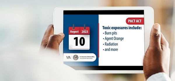 Man watching a public service announcement on the PACT Act