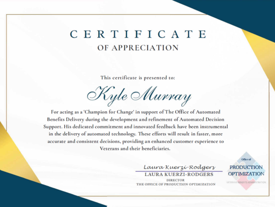 Kyle Murray Cert of Appreciation