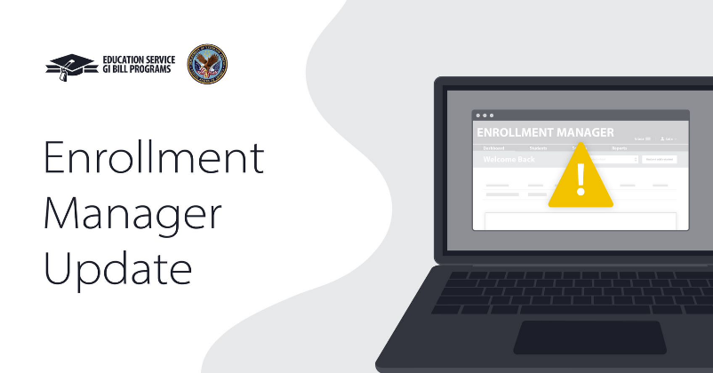 A laptop screen with a yellow caution symbol, with the words Enrollment Manager Update to the left of the screen