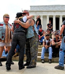 Vietnam Veterans meet at the Lincoln Memorial after riding in the annual Rolling Thunder event