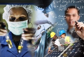 Collage consisting of a medical professional, workers with hard hats and a person writing code