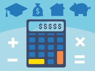 An illustrated calculator with a graduation cap, money bag, house and piggy bank above it, and math signs to the right and left of it