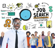 A man standing in front of a group of people with cartoon drawings of various job search topics above their heads.