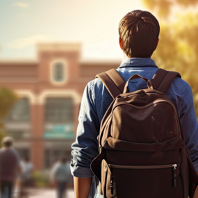 Man with backpack faces a college campus building