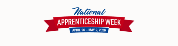 Red and blue banner with National Apprenticeship Week April 26 - May 2, 2026 written across