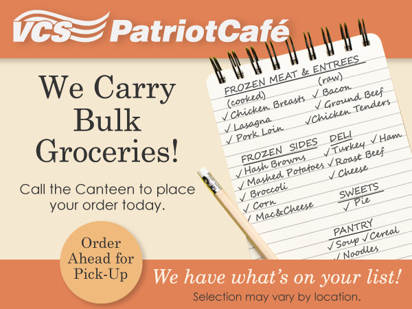 Order groceries in bulk for pick up at your canteen! 