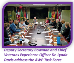 Deputy Secretary Bowman and Chief Veterans Experience Officer Dr. Lynda Davis address the AWP Task Force