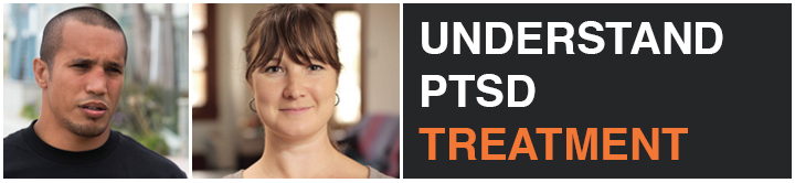 Understand PTSD treatment options banner with photographs of two Veterans