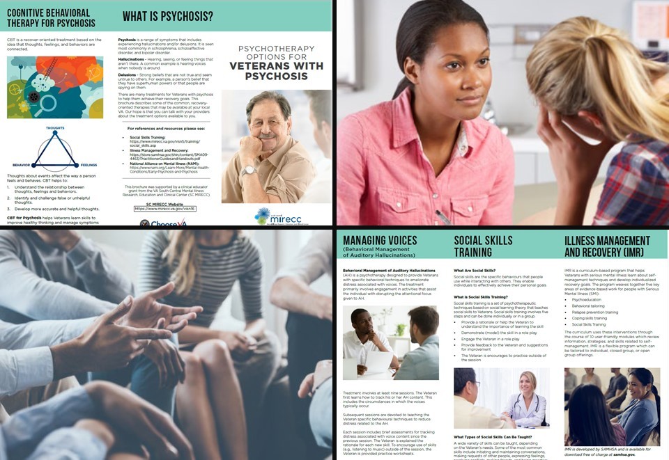 Image collage from psychosis brochures including examples of  individual and group therapy and screenshots from the brochures