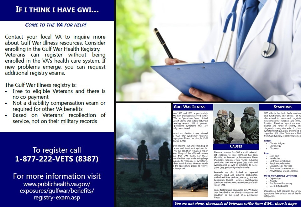 Image collage from the GWI brochure including pictures of service members and screenshots of the brochure