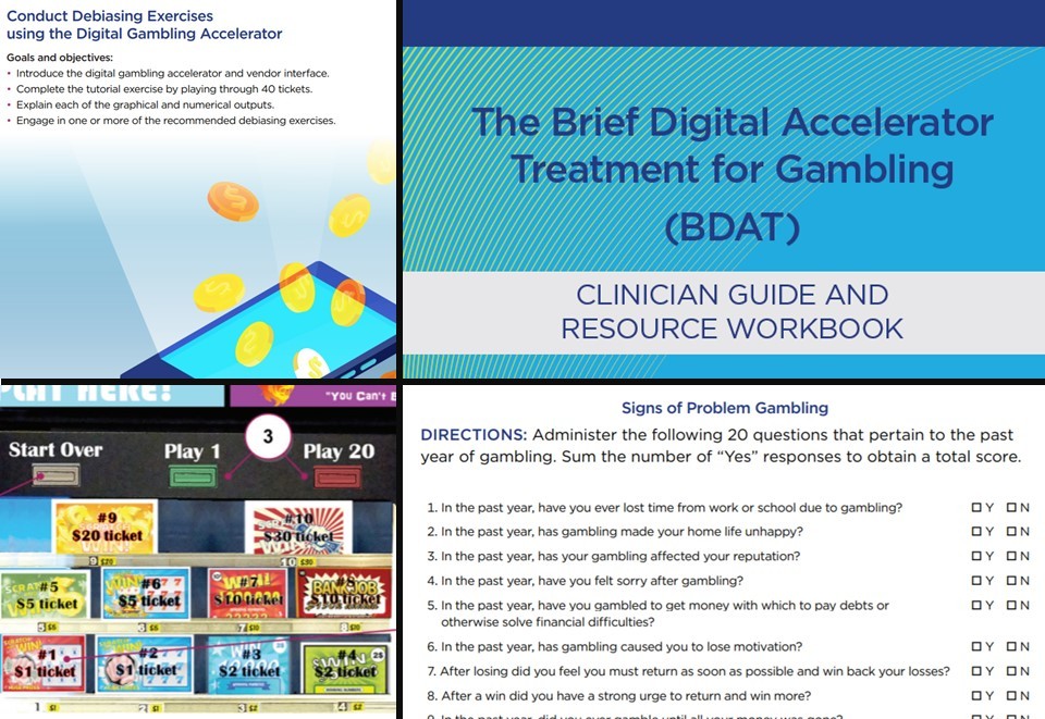 Collage of images and text from the brief digital accelerator treatment for gambling guide and workbook