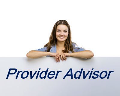 Image of female leaning over sign that says Provider Advisor