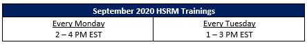 Table of September 2020 HSRM Trainings