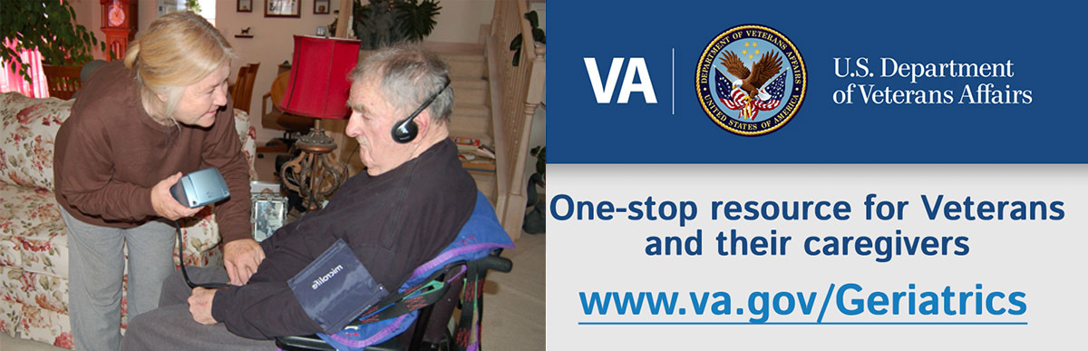 Veteran in wheelchair helped by woman - VA one stop resource for Veterans and their caregivers www.va.gov/geriatrics
