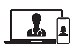 graphic of computer and phone with doctor silhouette 