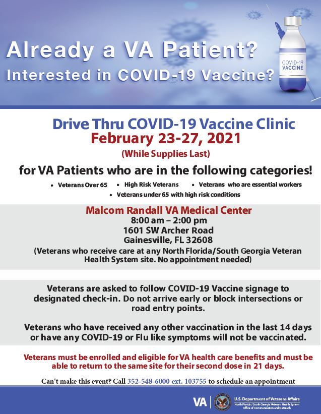 Drive Thru COVID-19 Vaccine Clinic - Malcom Randall VAMC - February 23 ...