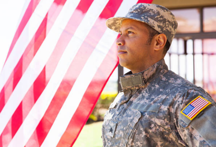 Proud military man next to American flag