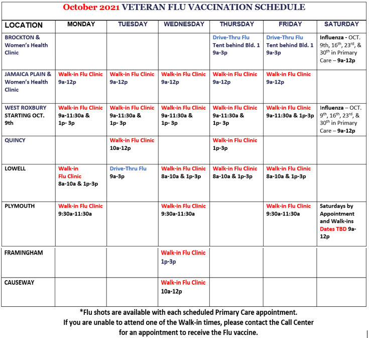 VA Boston flu shot clinics for October calendar image.