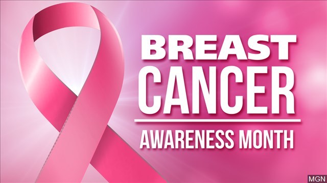 Graphic image of "October is Breast Cancer Awareness Month" with pink ribbon.