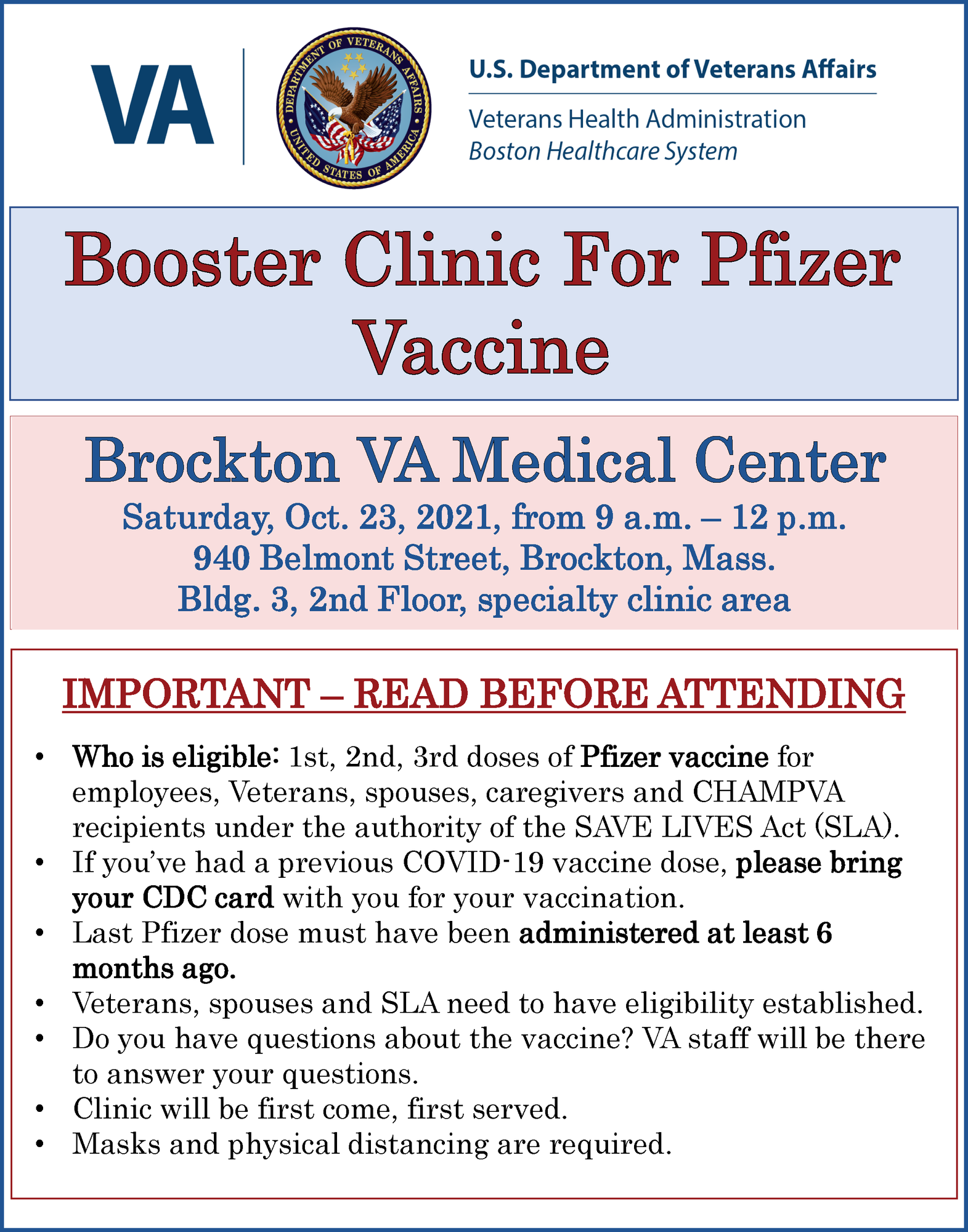 Booster Clinic Flyer, Oct. 23, VA Brockton Campus