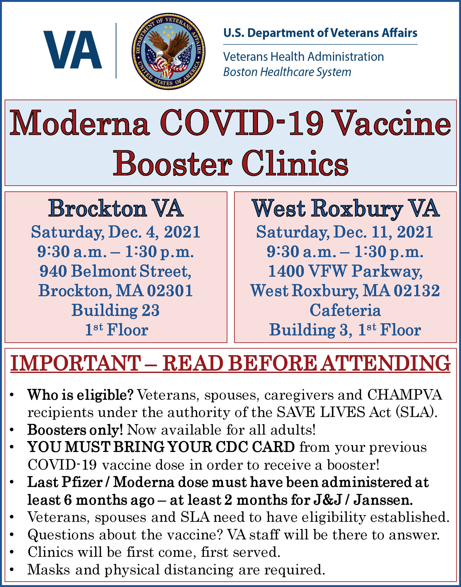 Updated COVID-19 Moderna Booster Shot Clinics for Veterans - Dec. 4 and Dec. 11