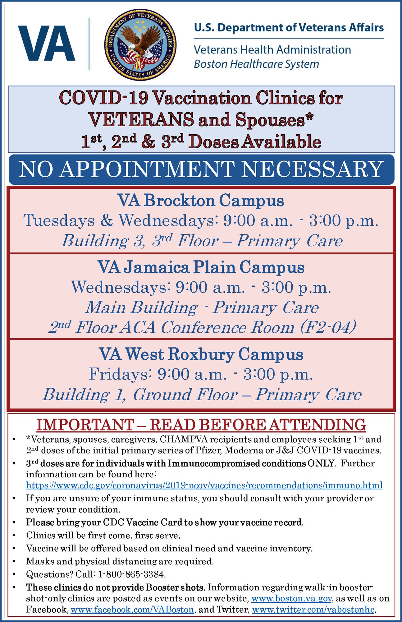 COVID Vaccine Clinics at VA Boston for Veterans Needing 1st, 2nd or 3rd Dose - December