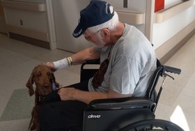 Veteran in wheelchair pets a dog