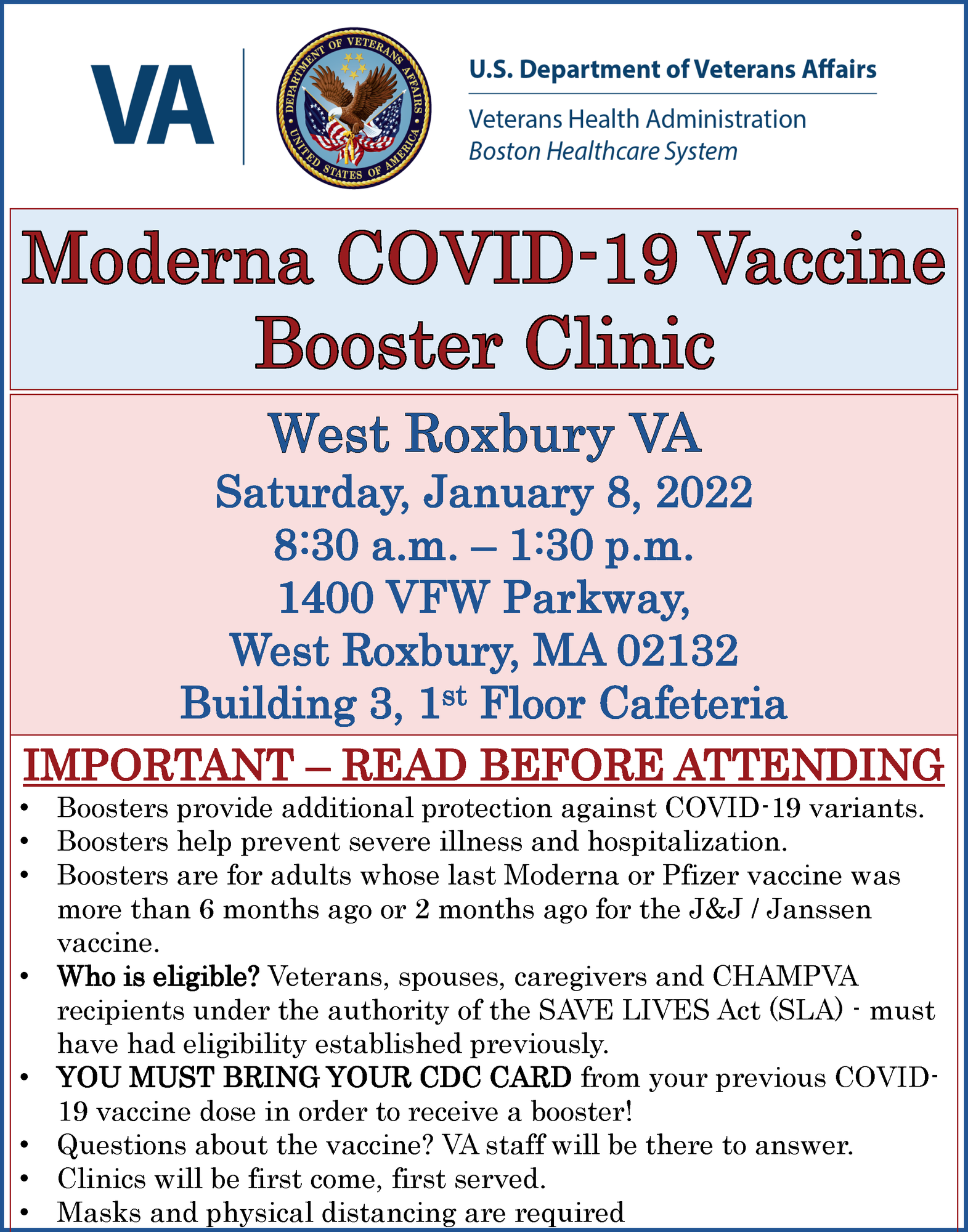 Flyer: Moderna COVID-19 Booster Clinic, West Roxbury VA, Jan. 8