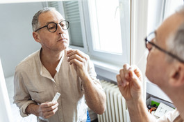 Man swabs his nose at home