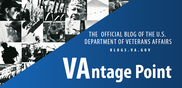 Blue and white collage of Veteran faces reading VAntage Point the VA official site for blogs