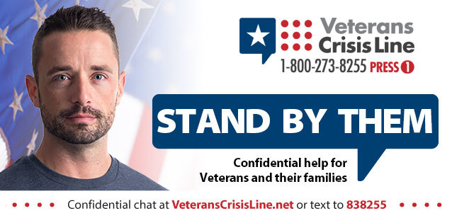 Poster displaying a man and information regarding Veterans Crisis Line