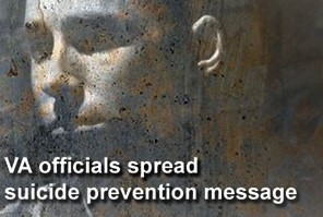 Suicide: A mans face in vingette reads VA Officials spread suicide prevention message