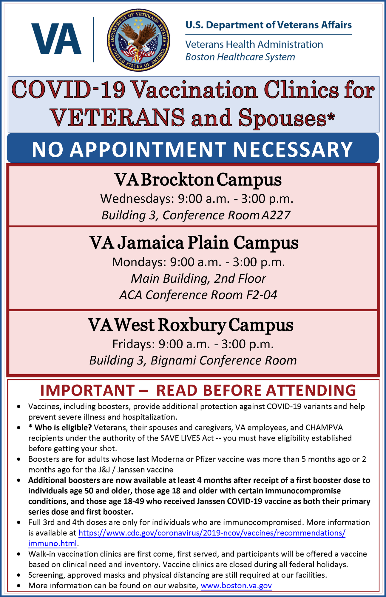 Walk-in COVID-19 vaccine clinic schedule.