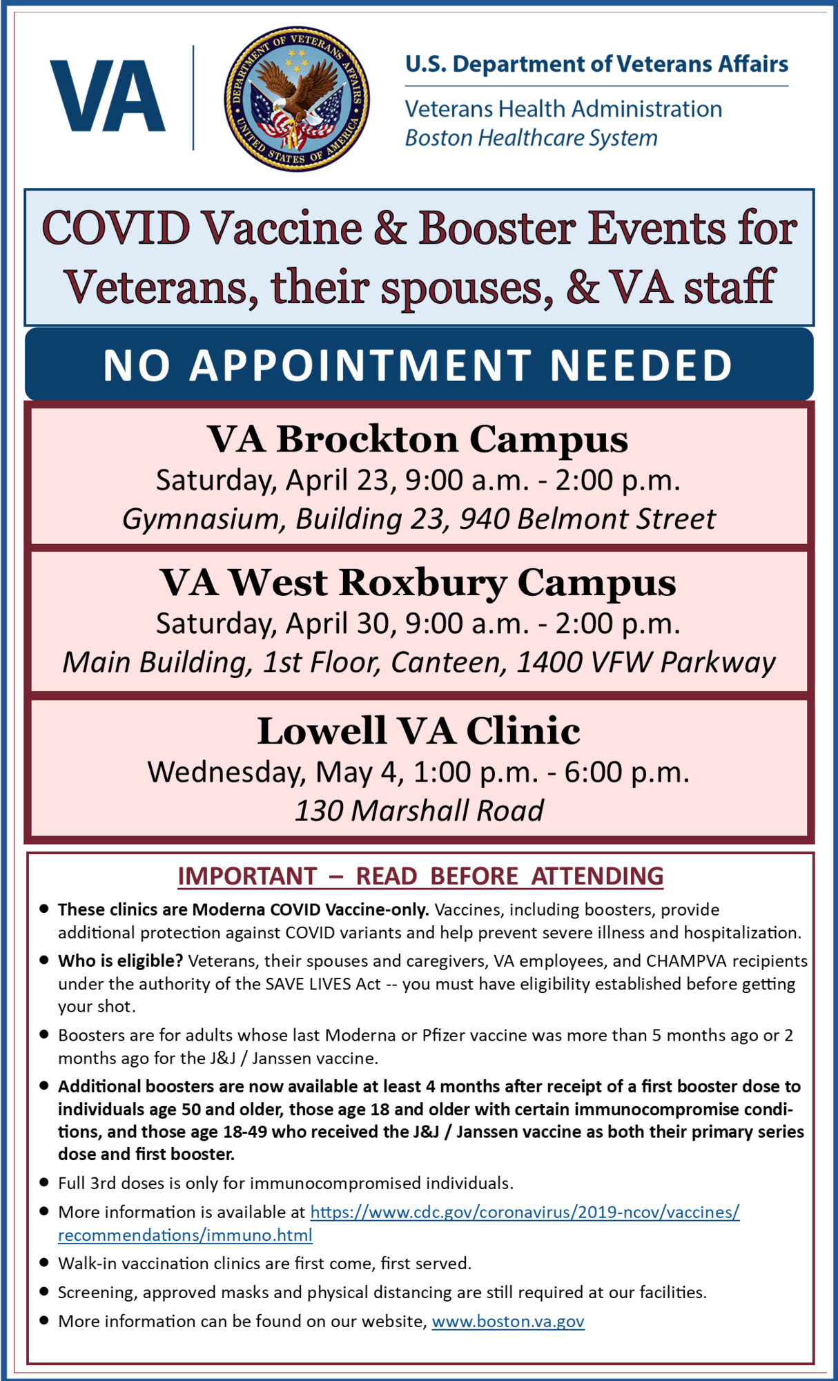 Flyer: COVID Vaccine & Booster Events for Veterans, their spouses, and VA staff, April 23 and 30, and May 4