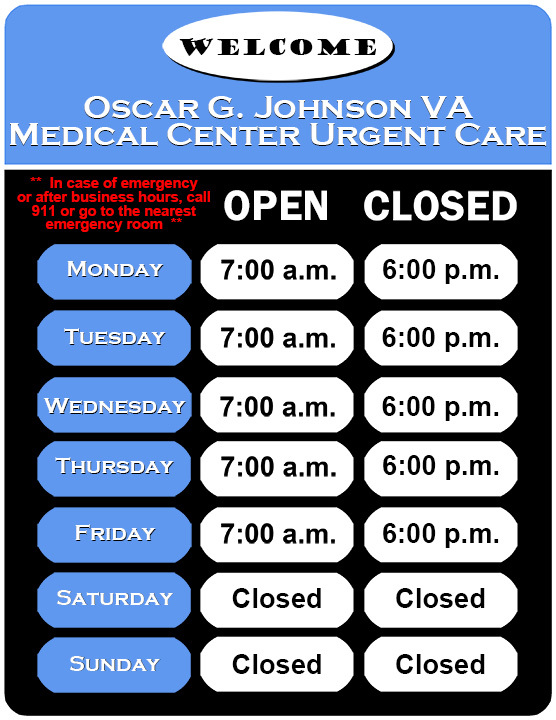 Oscar G. Johnson VA Medical Center urgent care hours printable graphic