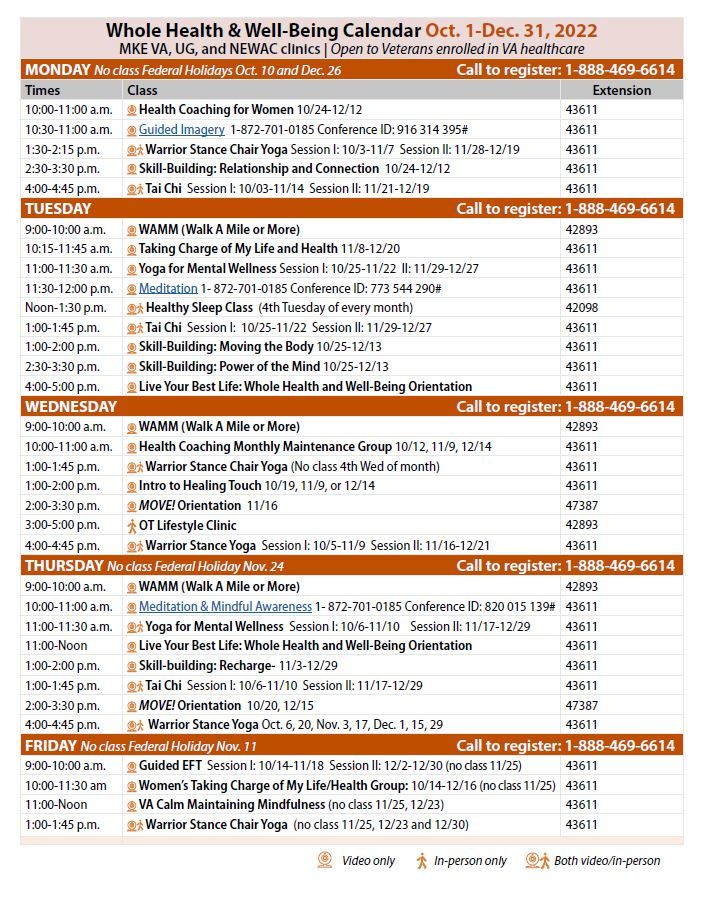 Whole Health Calendar Oct to Dec 2022