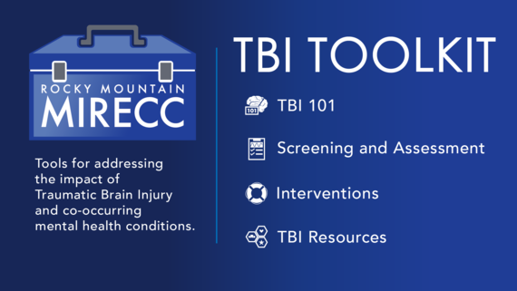 White text on blue background reads TBI Toolkit: Tools for addressing the impact of traumatic brain injury and co-occurring mental health conditions