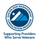 Blue and white Suicide Risk Management Consultation Program logo with a mountain icon reads Supporting Providers Who Serve Veterans
