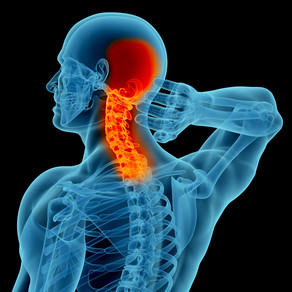 X-ray style image of a person touching a highlighted spine showing pain