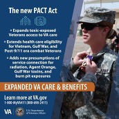 Image with wording about the new PACT Act and picture of a female servicemember receiving a Purple Heart