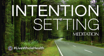 A country road with trees and the words "intention setting meditation"