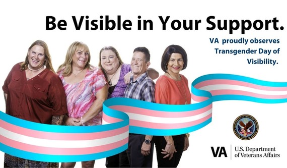 Be visible in your support.  VA proudly observes Transgender Day of Visibility. Image of a group of people with transgender flag and VA logo