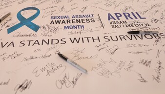 Signatures of support and affirmation surround the text Sexual Assault Awareness Month VA stands with survivors.